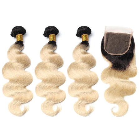 3 Bundles of Platinum Blonde Ombre (1B/613) with Free Closure (1B at Roots)