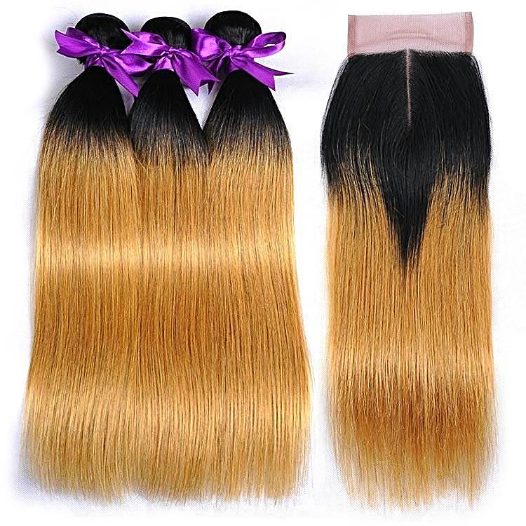 3 Honey Blonde Ombre (1B/27)  Bundles with Free 4x4 Closure (1B at Roots)